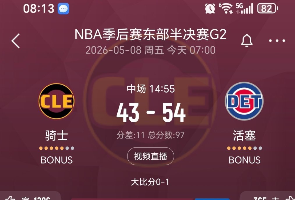 上半场结束，骑士落后11分！骑士vs活塞nba季后赛