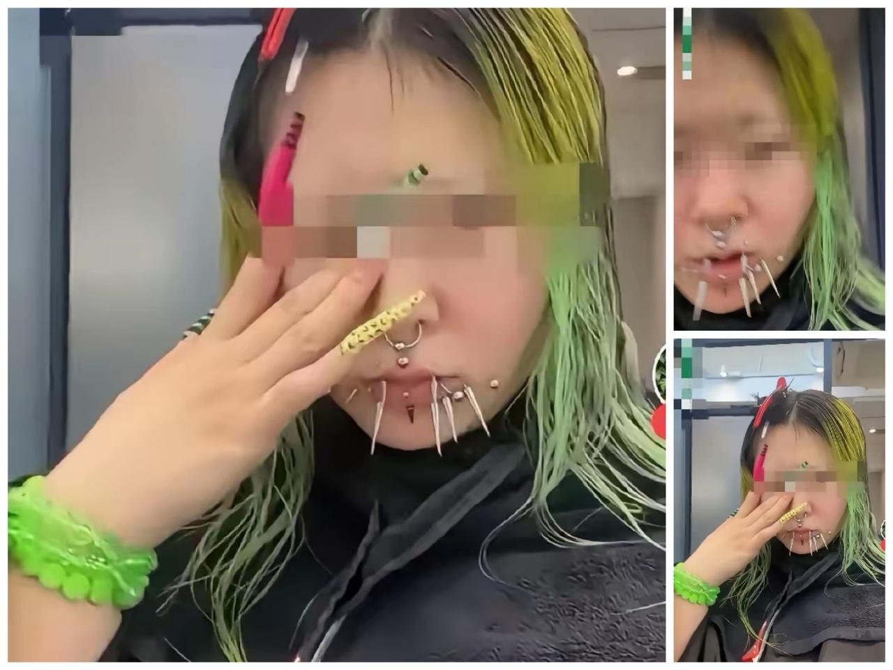 下手这么狠吗？这小姑娘我佩服了，见过纹身的，见过打眼的，没见过嘴上安钉子的，鼻子