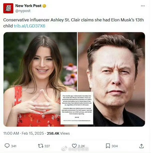 说点八卦，ElonMusk 的第 13 个孩子 …美国 31 岁的女作家艾希莉·