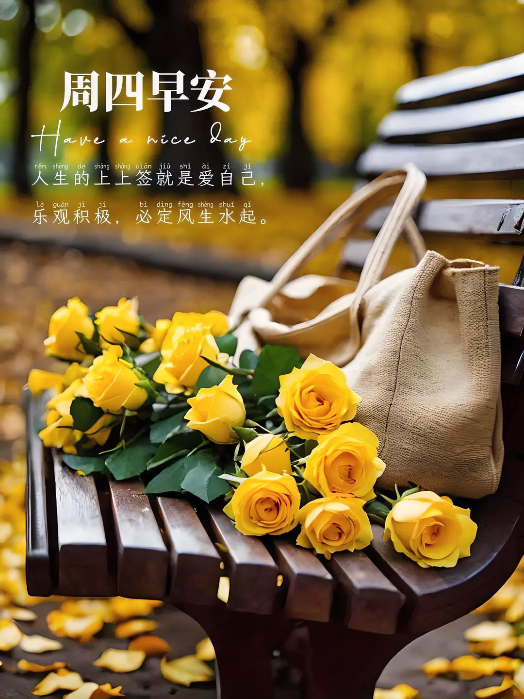 周四早安！将爱装入布袋，与黄花撞个满怀。爱自己是人生上上签，乐观积极方能风生水起