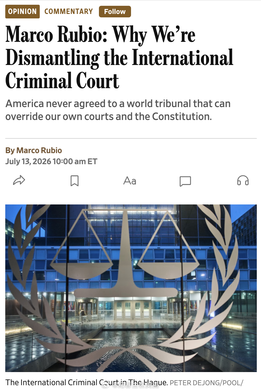 Rubio周一在<华尔街日报>上发文：“我们为何要瓦解国际刑事法院”：我们大多数