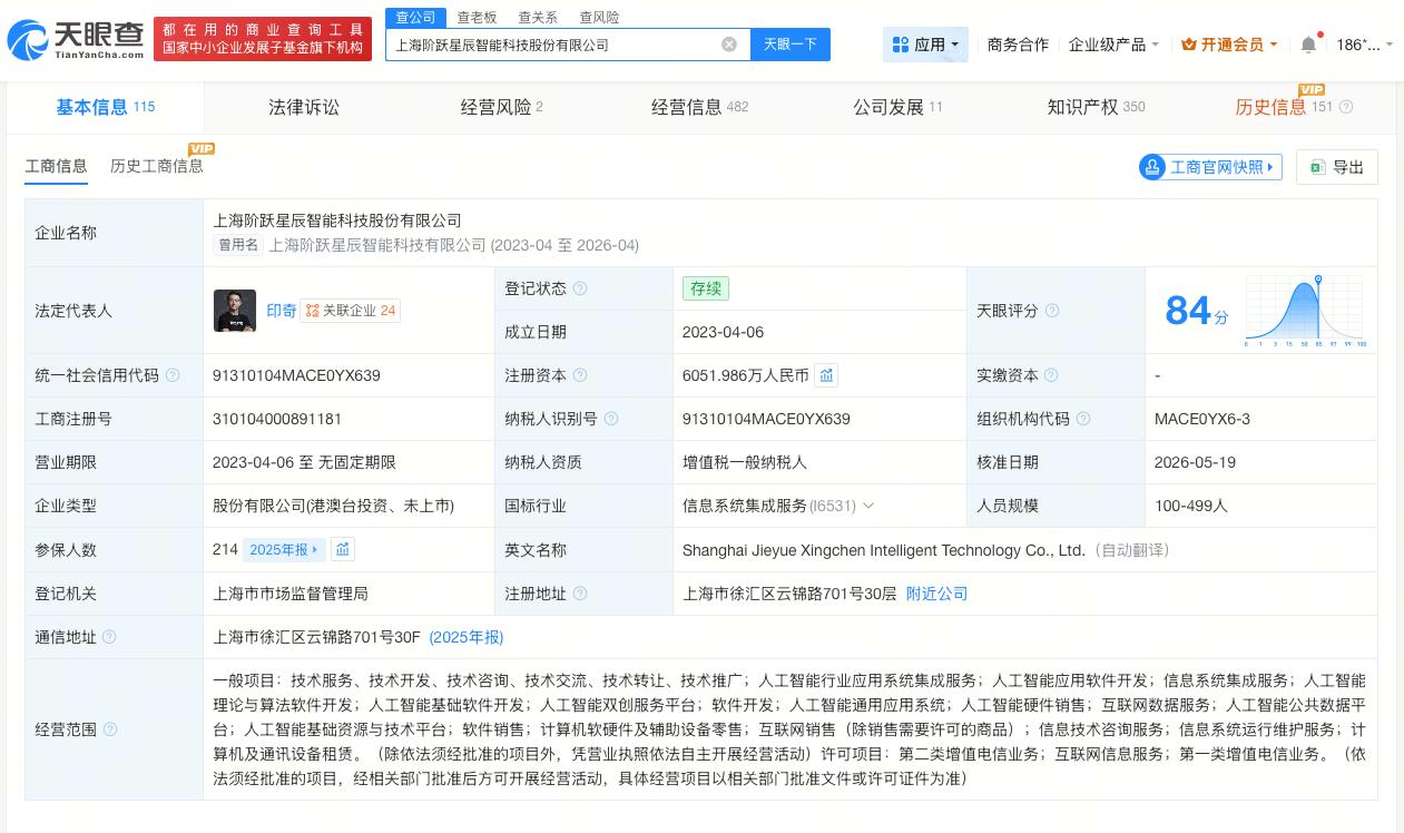 阶跃星辰增资至6052万
阶跃星辰接连增资
天眼查App显示，近日，上海阶跃星辰