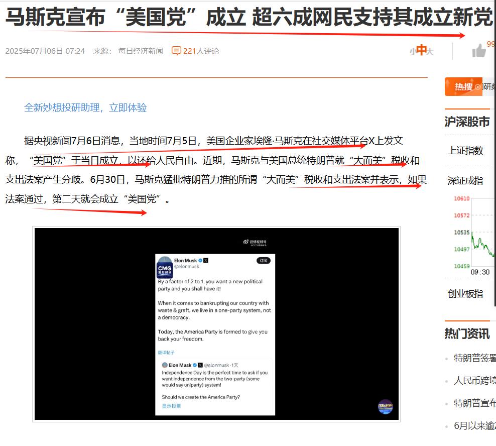 “美国党”来了，一言九鼎，马斯克真不愧是敢于人先的人呀！
他反对“大而美”“税收
