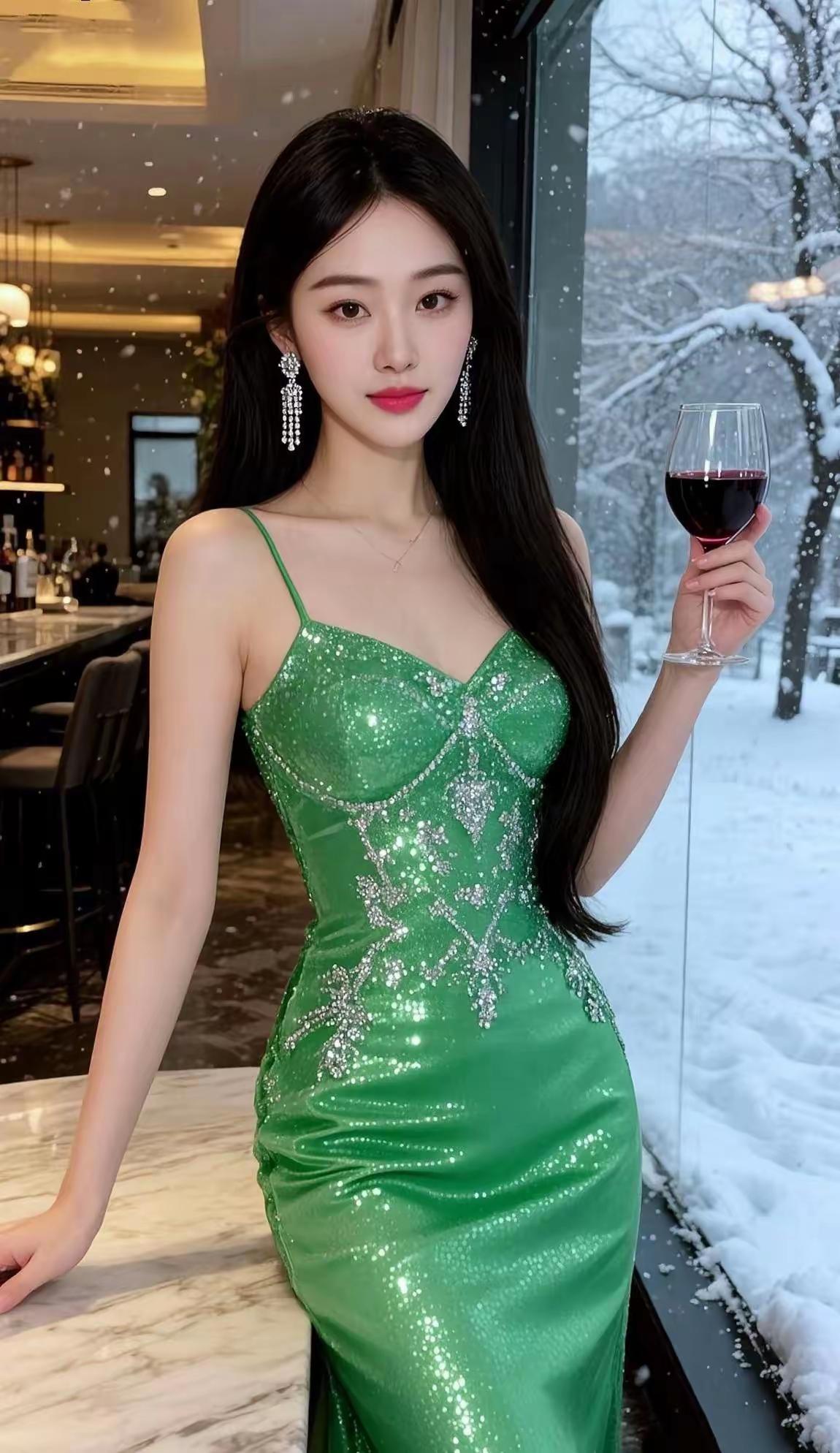 绿衣美人倚窗立，红酒相伴雪中情。