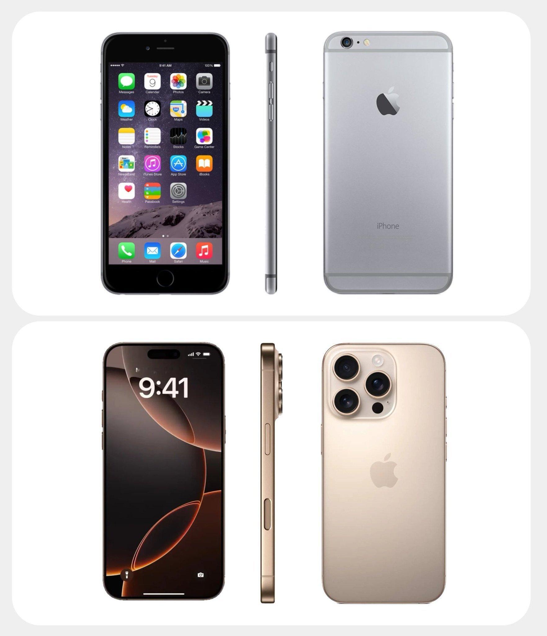 十年演变：iPhone 6与iPhone 16 Pro2014-2024。你觉得