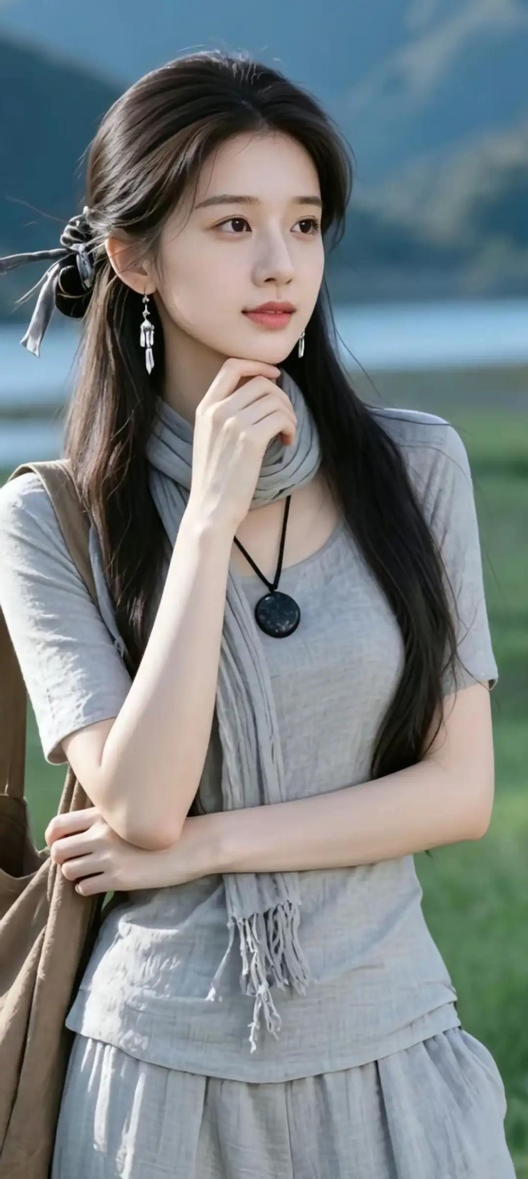 温柔少女在湖边沉思，自然风光中的静谧时光。
