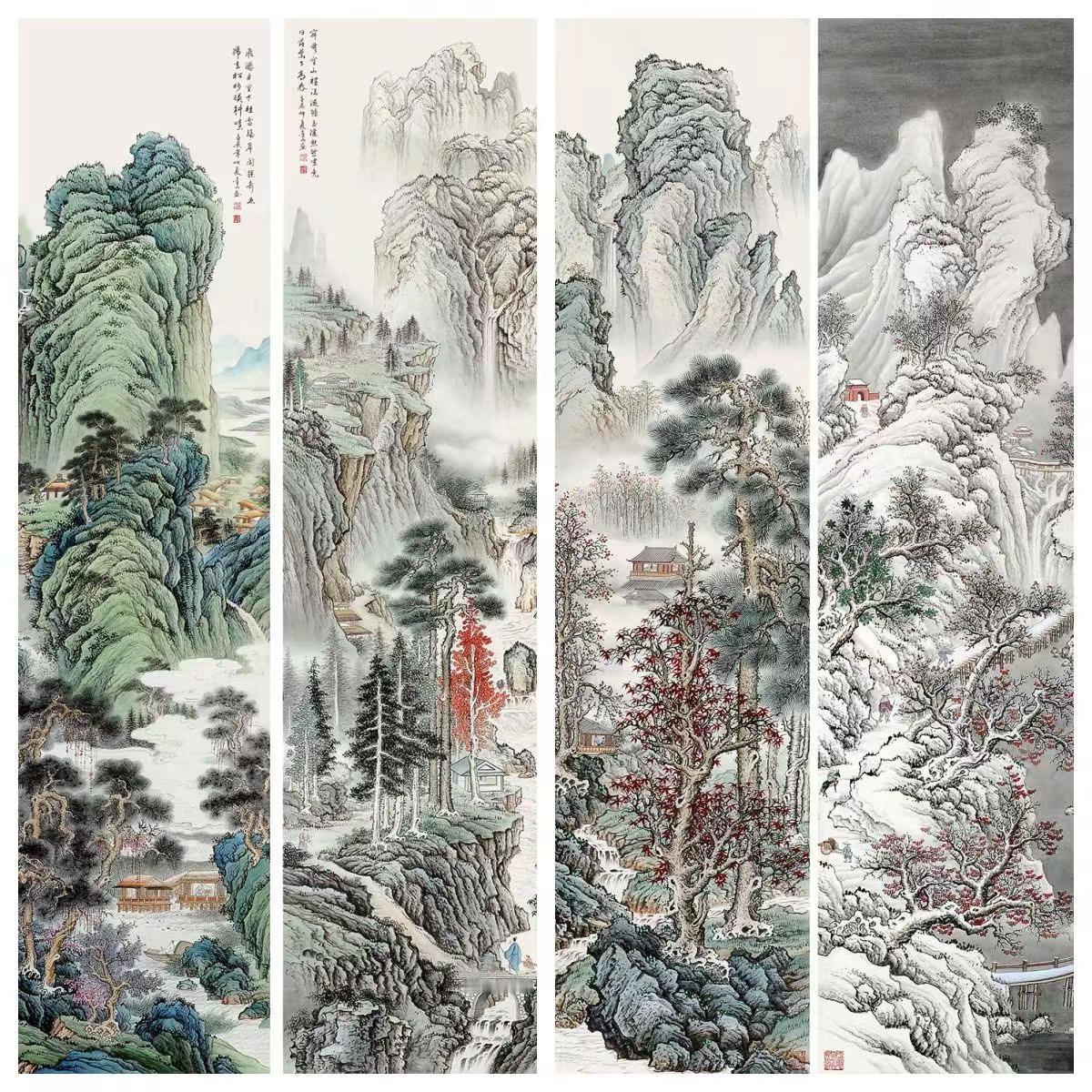 山水四条屏。写意山水创作者中心 创作灵感 国画专业 山水四季屏
