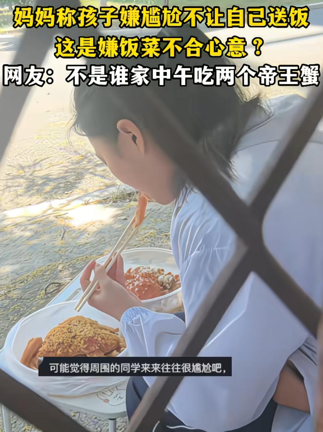 河南，一妈妈称孩子尴尬，不让自己送饭，怀疑自己做的饭菜不合孩子心意。

一看食物