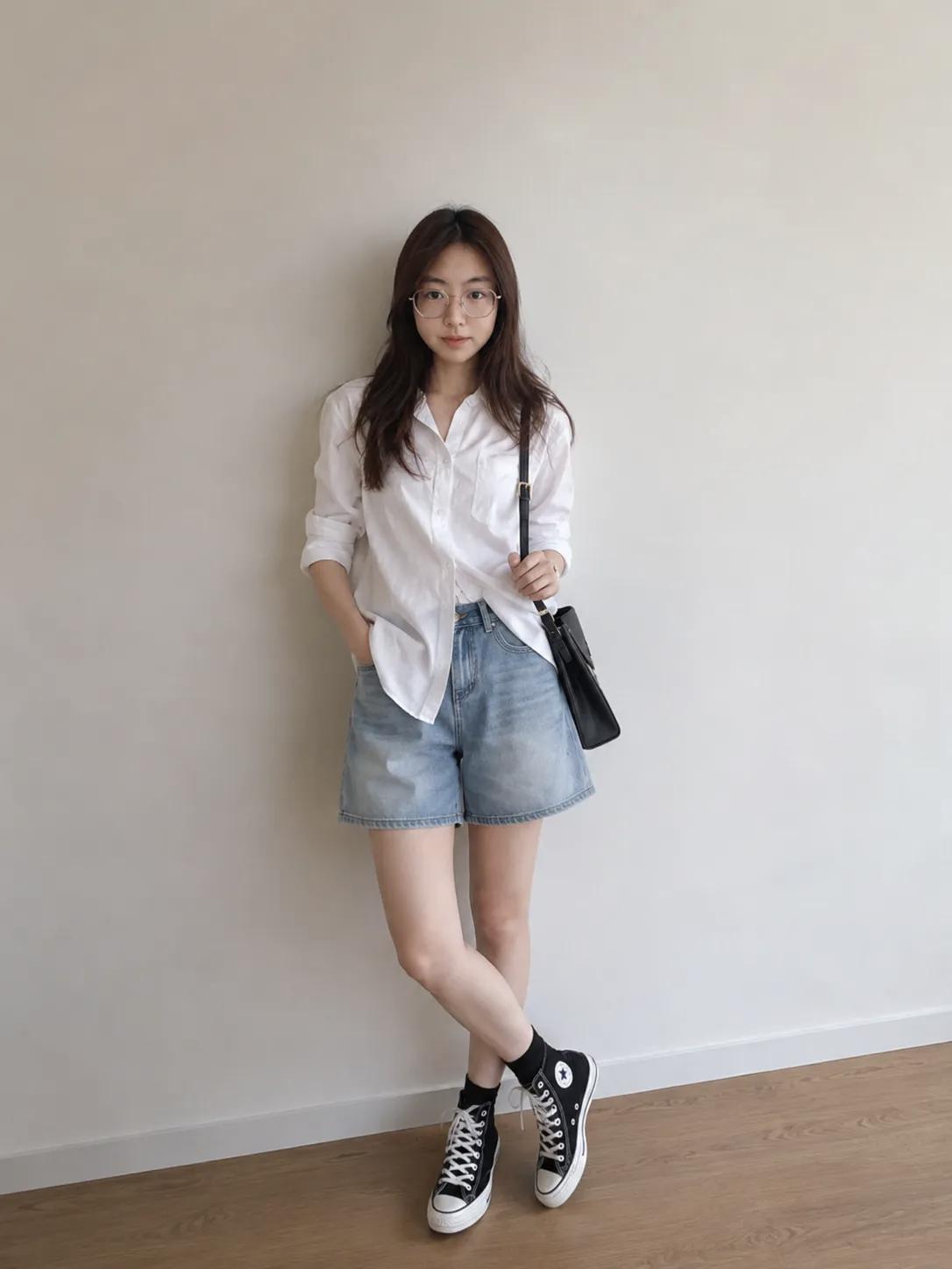 穿白衬衫和牛仔短裤的女孩。