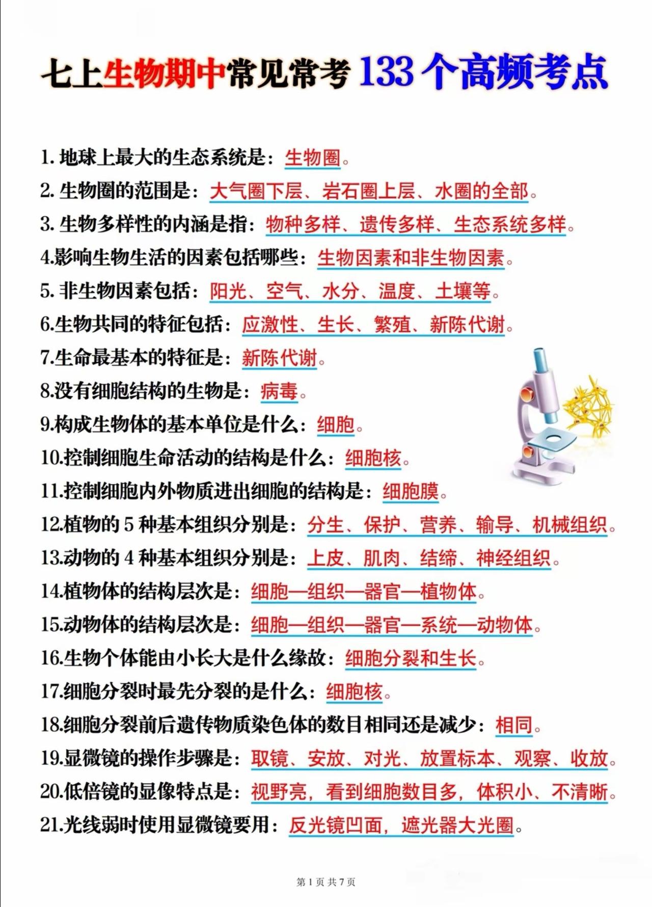 七上生物期中常见常考高频考点