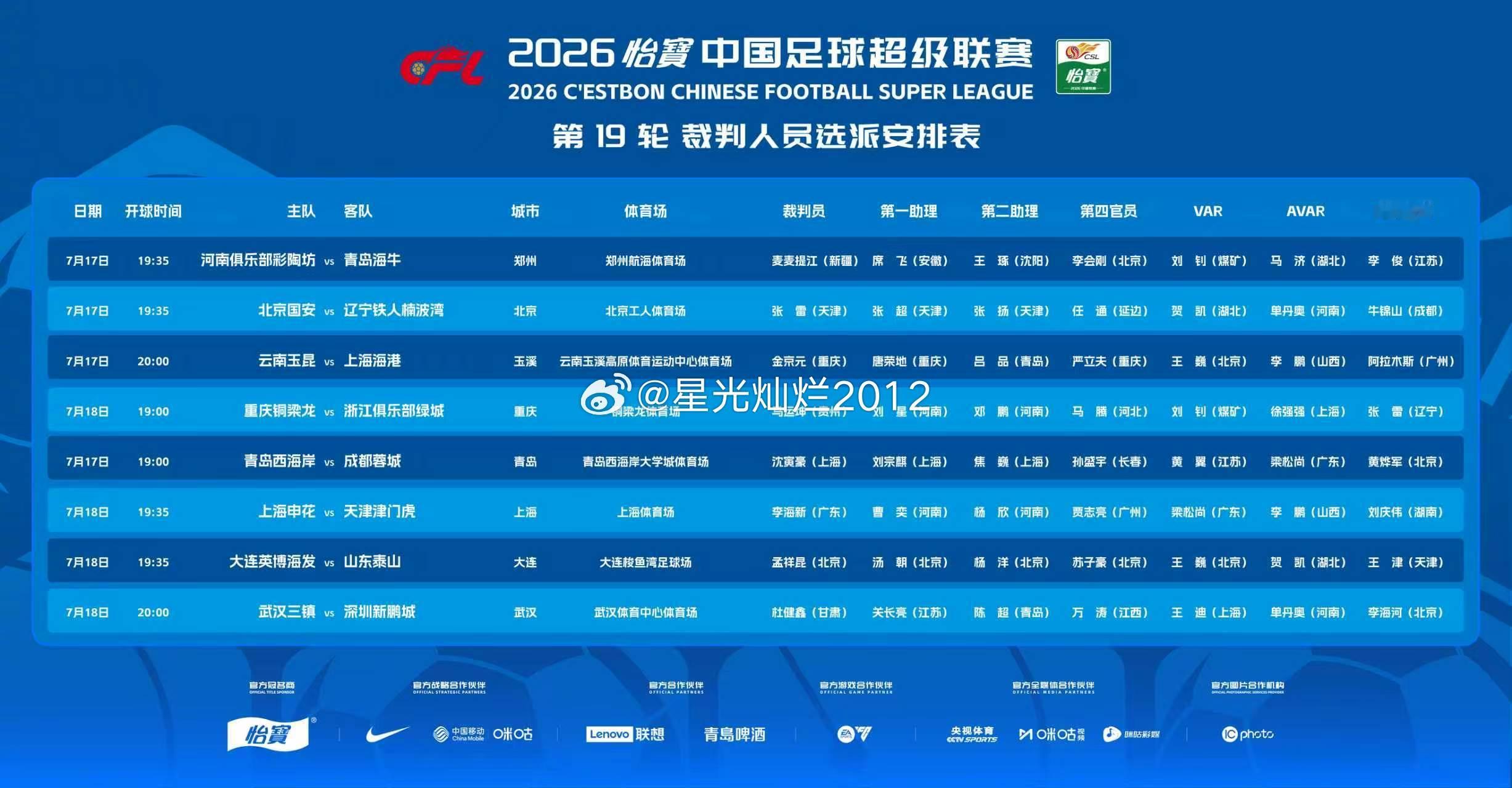 中超联赛第 19 轮裁判员选派表中超中超联赛河南队河南队vs青岛海牛阿根廷队未能