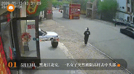 年轻女士即将走出某小区，这时开过来一辆箱货，箱体上部猛烈撞击到小区机动车限高杆，