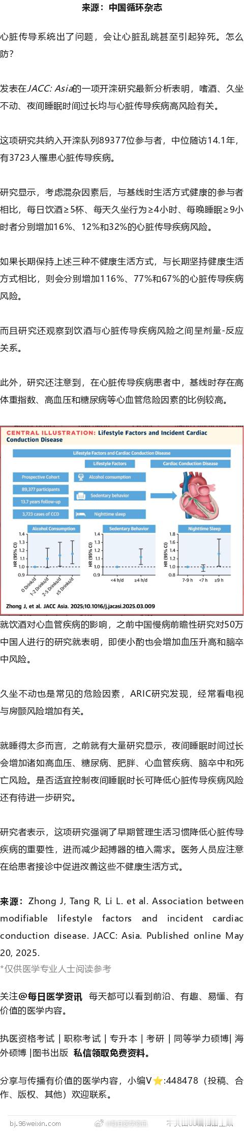 嗜酒、每天久坐≥4小时、每晚睡眠≥9小时均增心脏传导疾病风险！JACC子刊开滦研