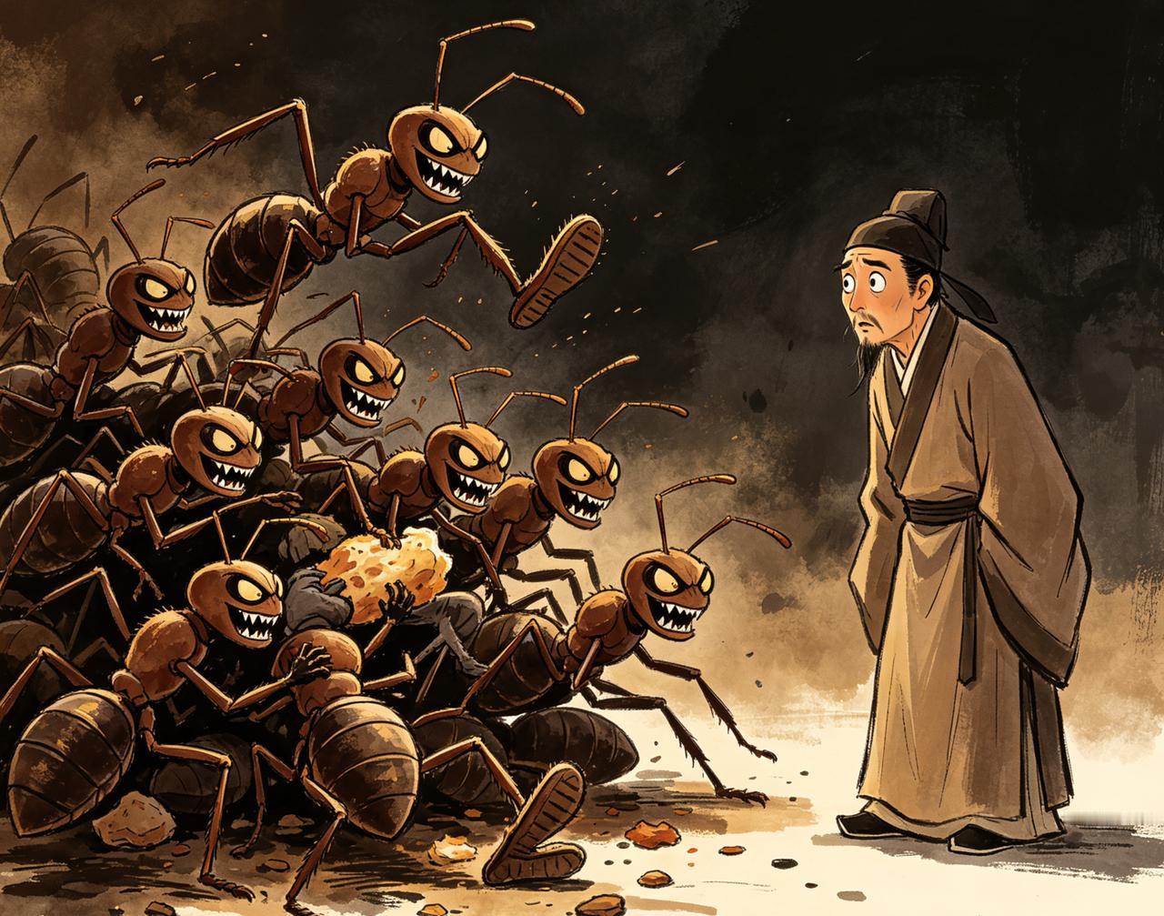 江湖怪谈•荒诞志114

内卷兽·肆：西域有“内卷兽”，形如蚁，群居必争食。书生