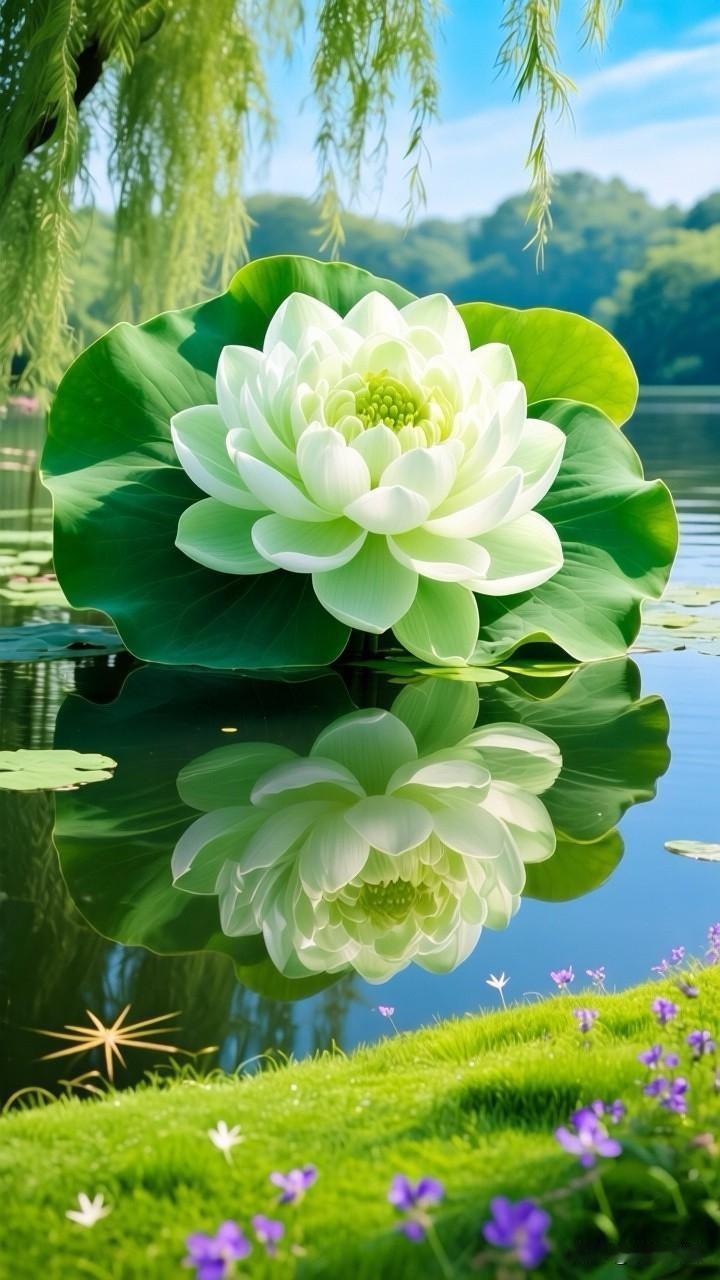 静水映莲，心随花动，一池碧水，一朵朵淡雅的莲悄然绽放，层层叠叠的花瓣如云似雪，温