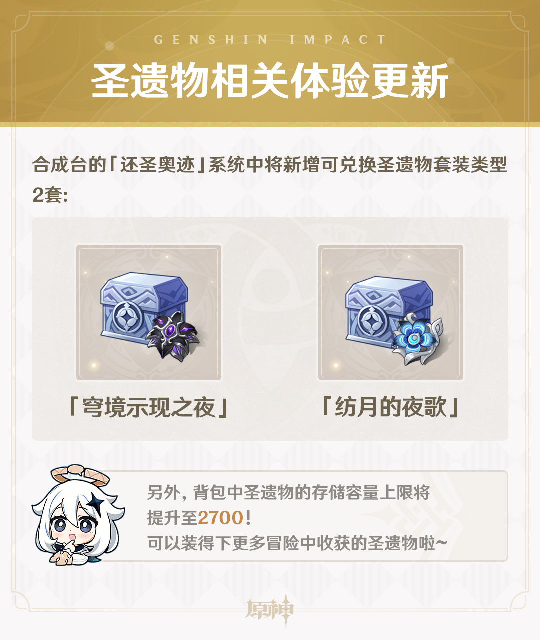 原神  圣遗物容量终于提升了！由原来的2400→2700，新增挪德卡莱两套圣遗物