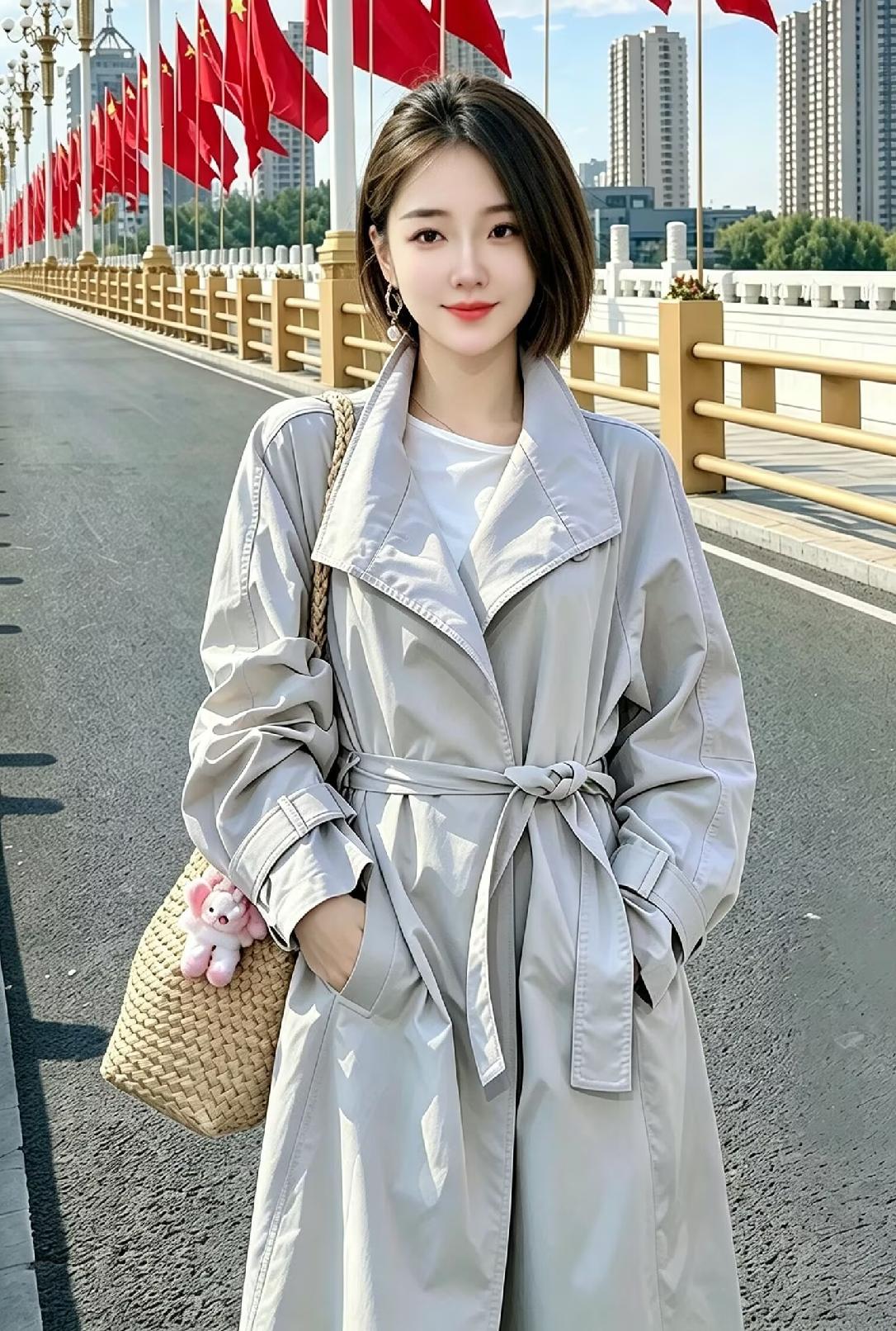 女孩站在桥上，手拿小包，笑容甜美，这又何尝不是清新脱俗呢！