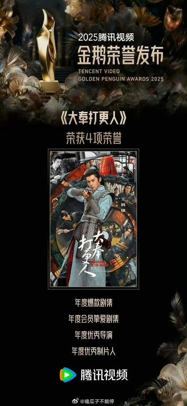 王鹤棣大奉打更人荣获四项荣誉腾讯年度爆剧