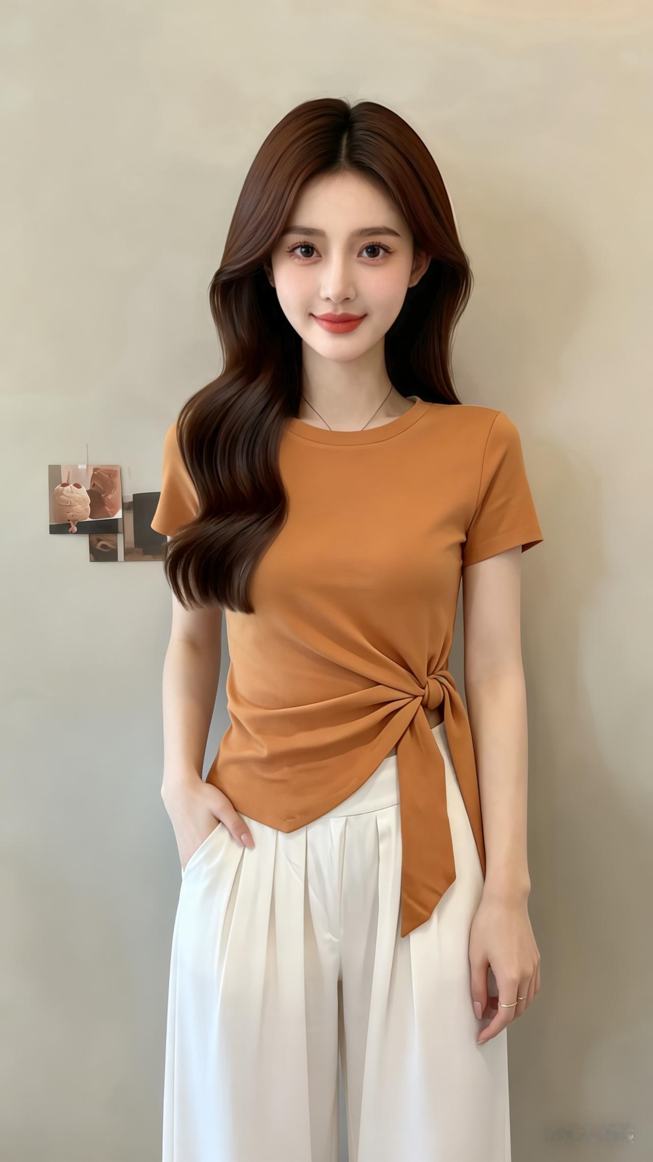 美女大波浪长发披肩，身着黄色上衣并系衣角，搭配白色阔腿裤，一手插兜一手自然垂落，