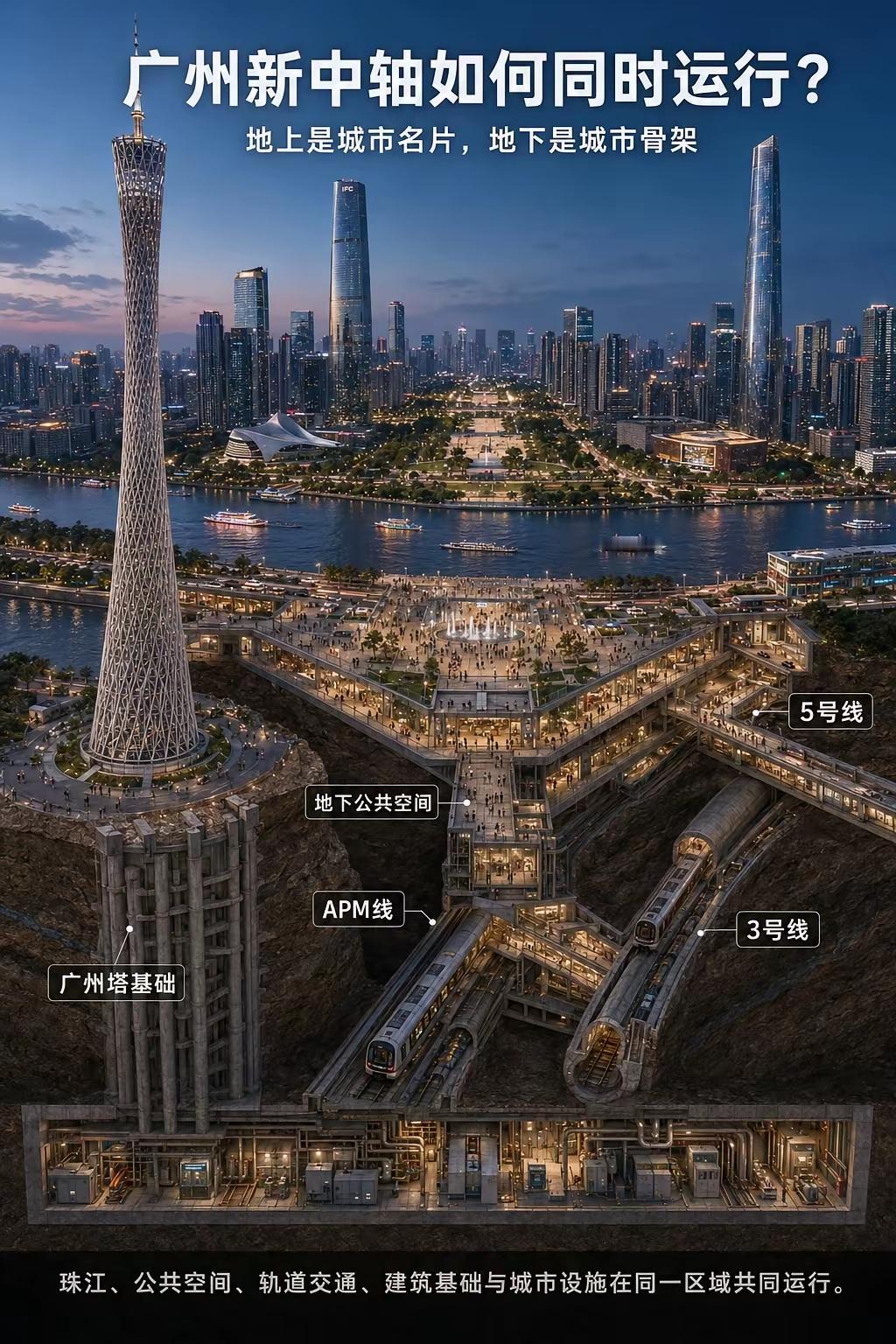 广州新中轴：地上城市封面，地下硬核城市骨架
 
很多人只看见珠江新城、广州塔的繁