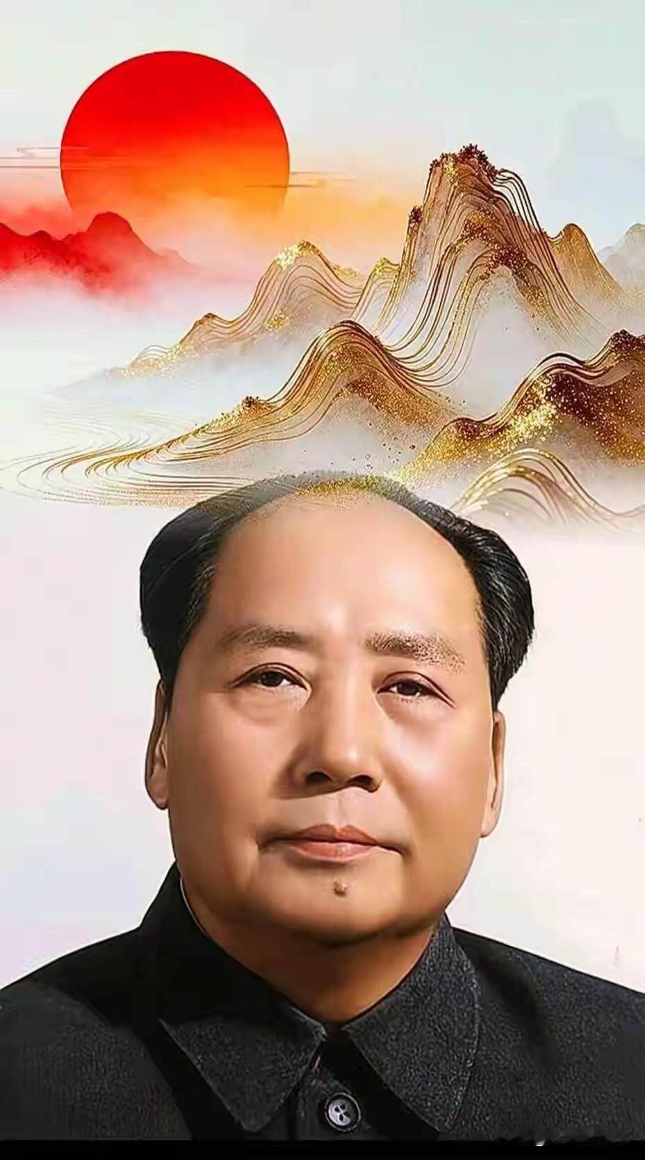 红日高悬，金山连绵，伟人面容庄重肃穆。山河壮阔衬伟岸身影，红日象征希望，万里山河