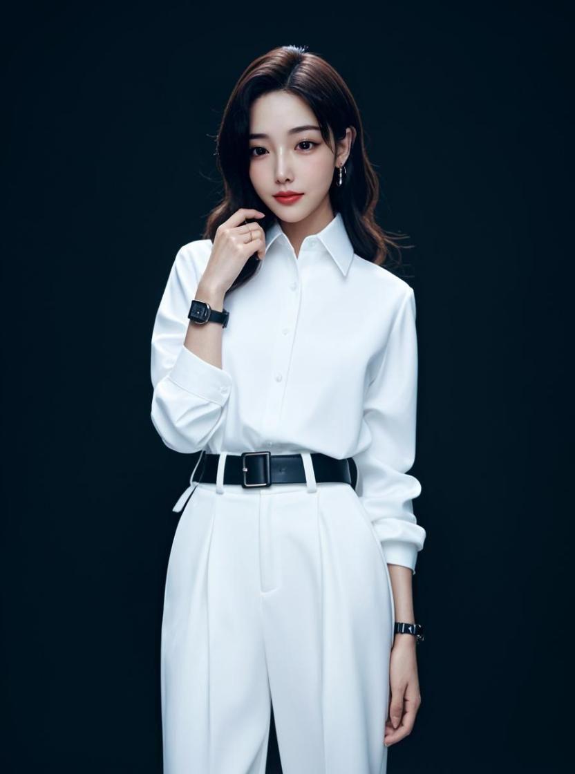 白衣裁得玉精神，黑底相衬更出尘。 眉眼含光疑画里，风姿俏立惹星辰。