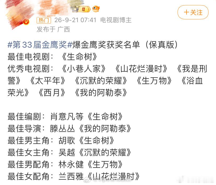 曝第33届金鹰奖获奖名单那就看最后到底是不是咯。因为推迟一个月，所以获奖名单提前