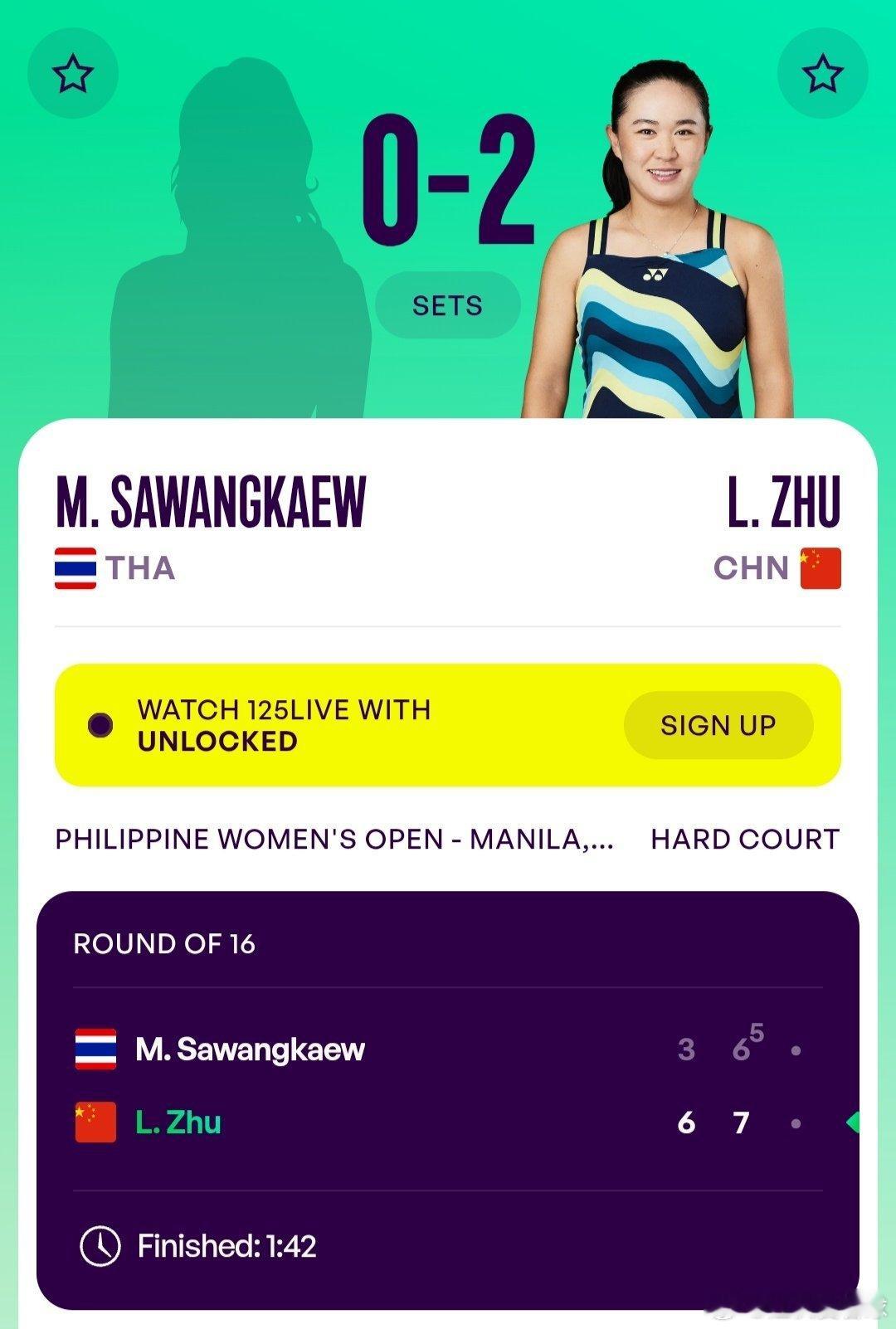 WTA125马尼拉站🇵🇭女单第二轮朱琳🇨🇳6-3/7-6(5)战胜萨王凯