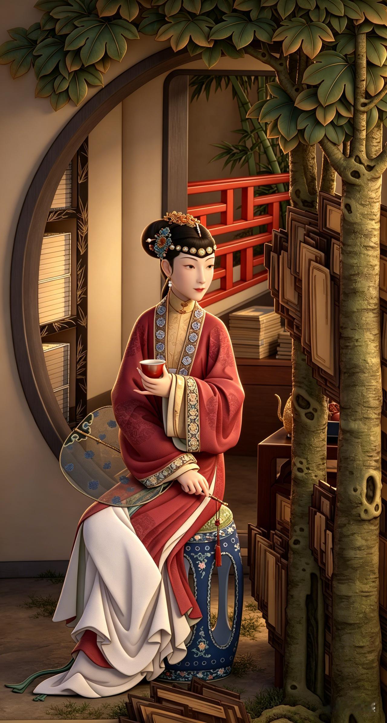 雍正十二美人图7（AI复原）

红袍美人倚树捧茶，这哪是深宫闲情？分明是古代版 