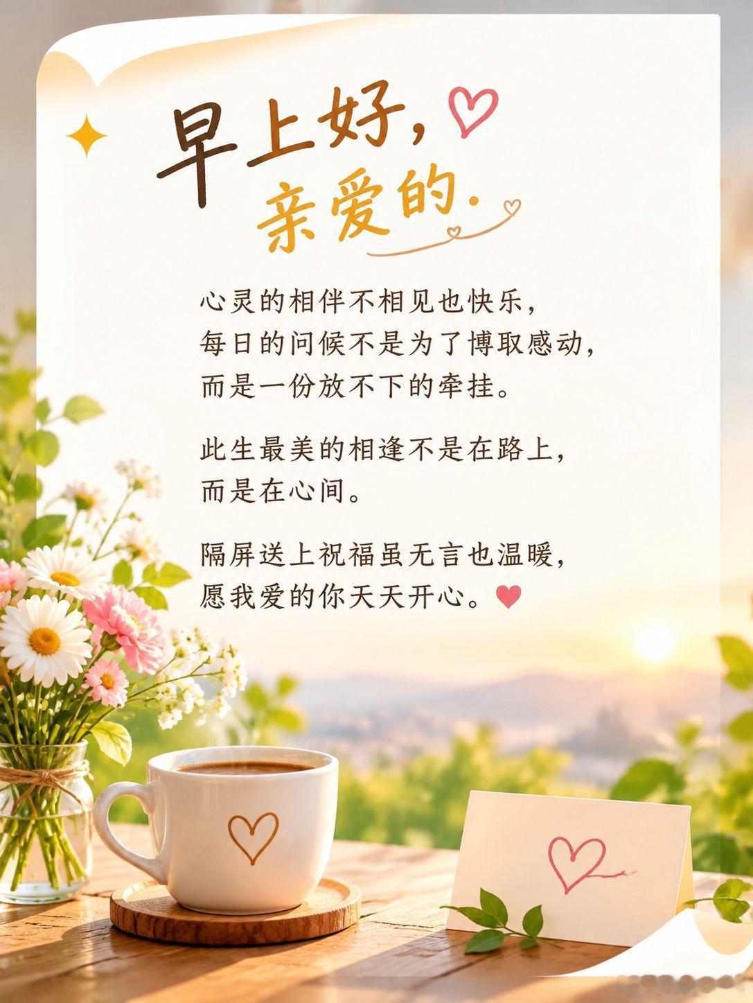 早上好,亲爱的.心灵的相伴不相见也快乐，每日的问候不是为了博取感动，而是一份放不