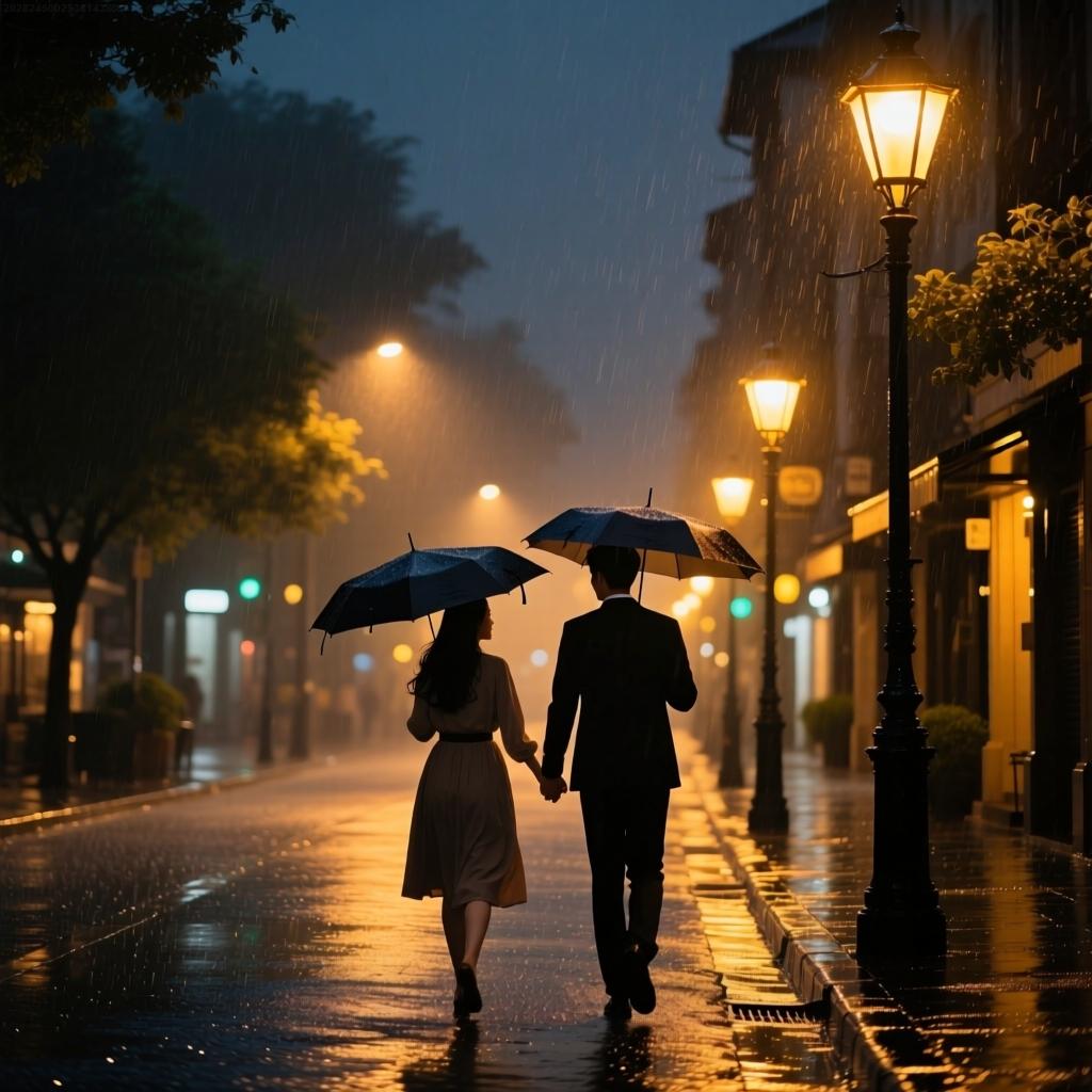 撑伞的美照晚上的街道上，路灯昏黄，下着蒙蒙的小雨，一对情侣在手牵手，雨中漫步