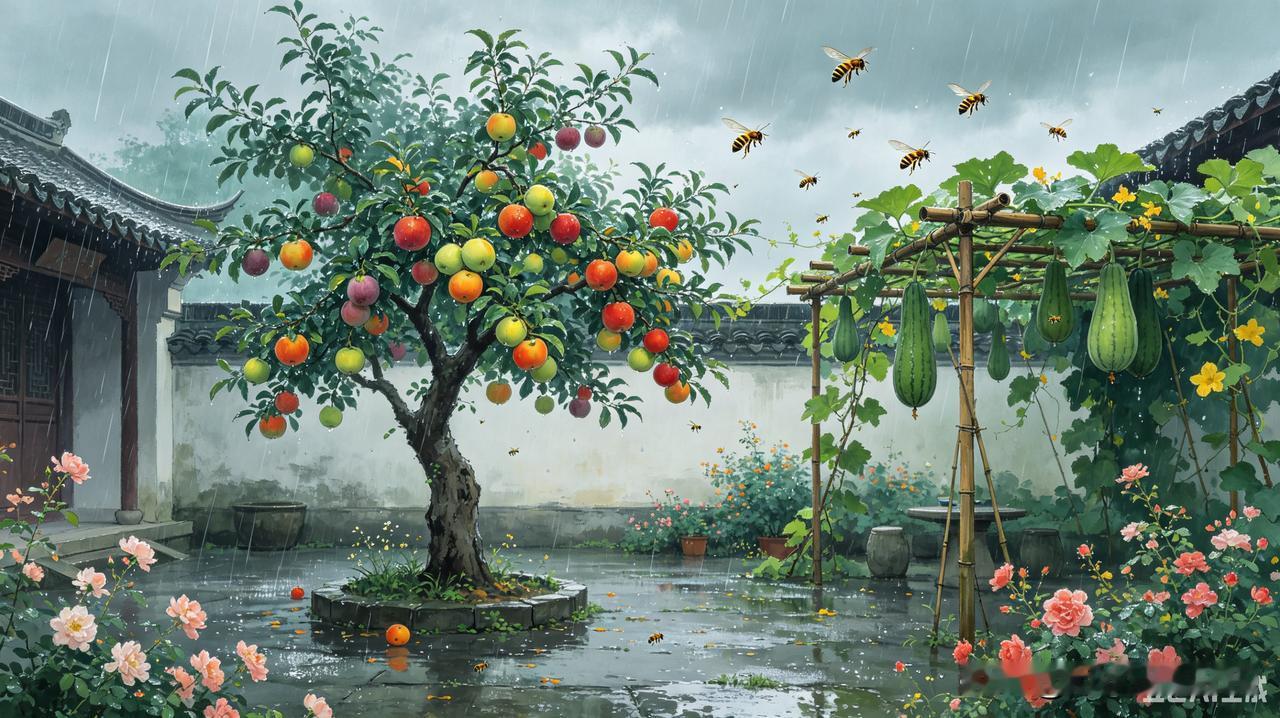 夏至
残花冷雨一键终，
再无当春小桃红。
只见庭前五色果，
瓜棚架上闹旋蜂。