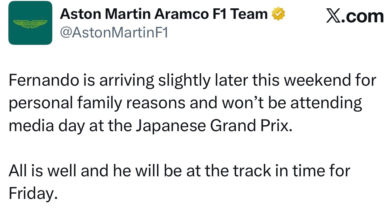 阿斯顿马丁车队：阿隆索因为家庭原因，将缺席F1日本大奖赛周四媒体日，周五将正常参