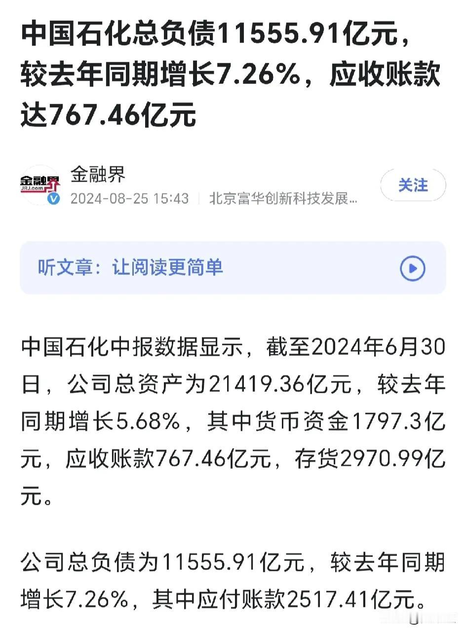中国石化总负债11555.91亿元
较去年同期增长7.26%
应收账款达767.