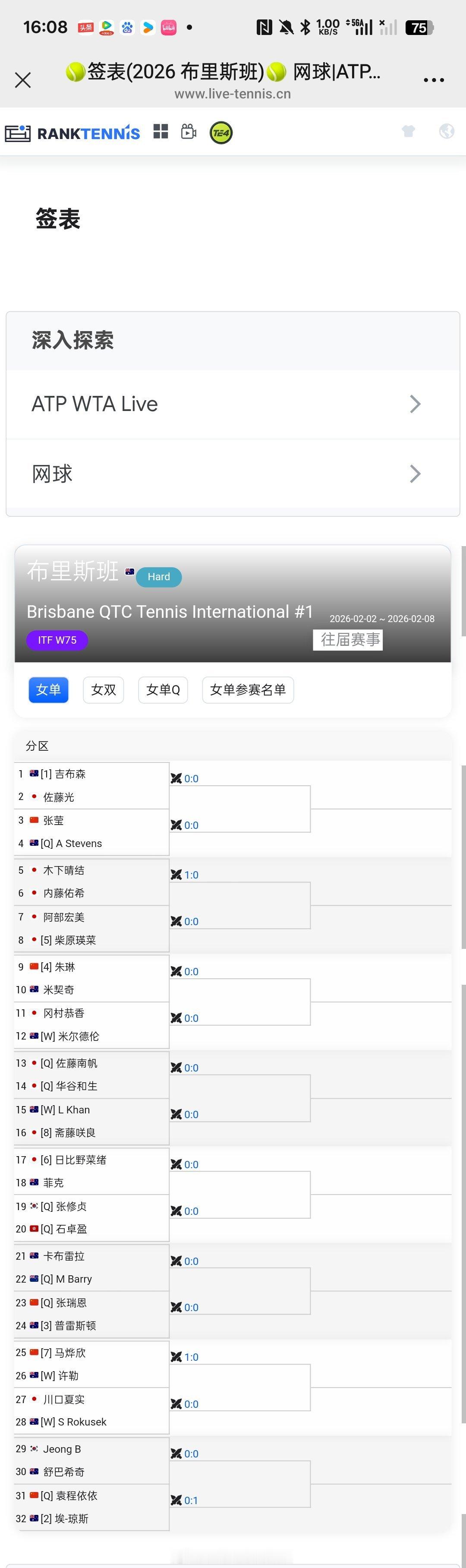小花小草资讯小花小草资讯  【布里斯班W75】女单正赛签表 【布里斯班W75】女