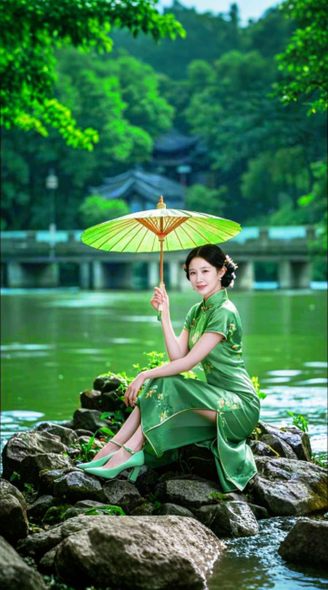 AI扩图 旗袍配伞在绿意盎然的湖畔，一袭旗袍与纸伞的邂逅，仿佛时光倒流回了旧上海