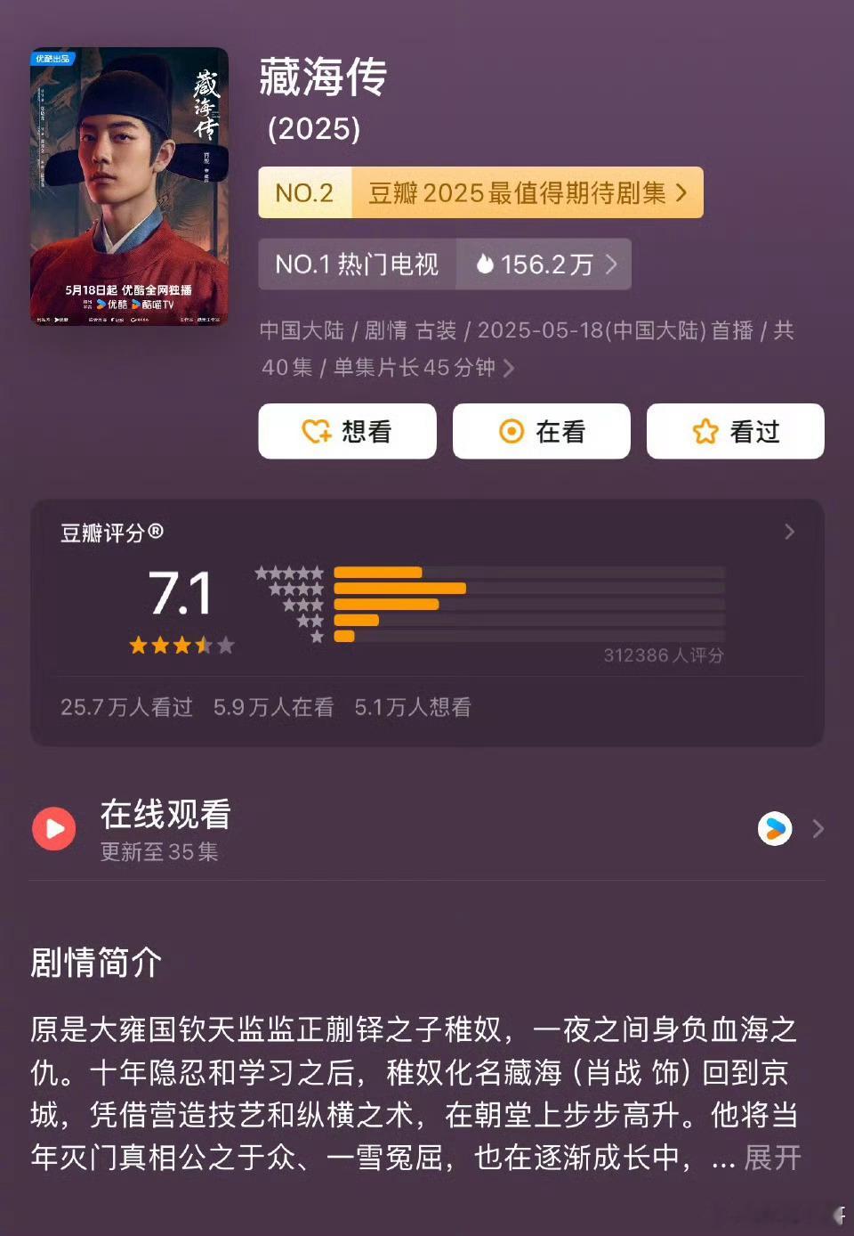 藏海传豆瓣开分7.1《藏海传》豆瓣7.1的开分，像块压在好剧上的顽石，个人觉得至