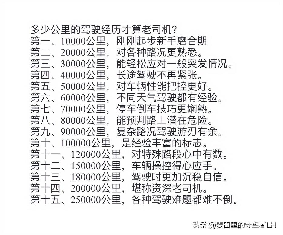 多少公里驾驶经验，算的上老司机！
共计分为15个等级，看下你属于哪个级别。
不过