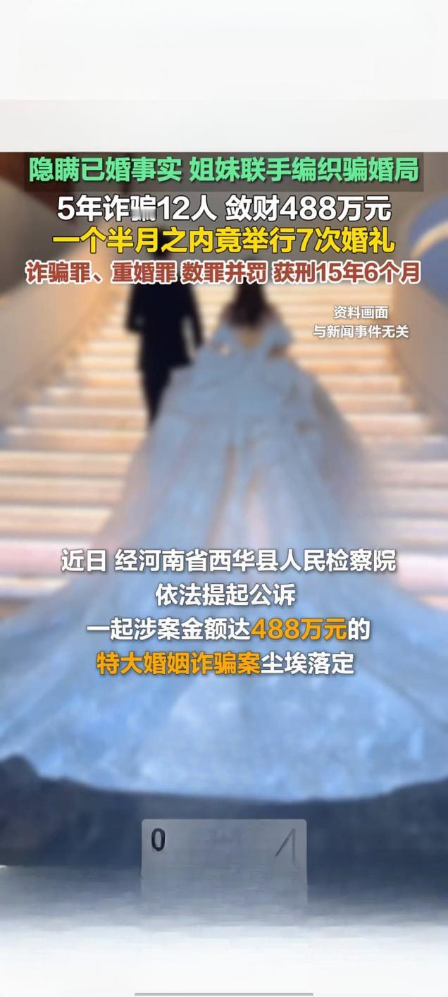 姐妹联手5年骗婚12人 敛财488万一个半月办7场婚礼
 
近日，一则“姐妹联手