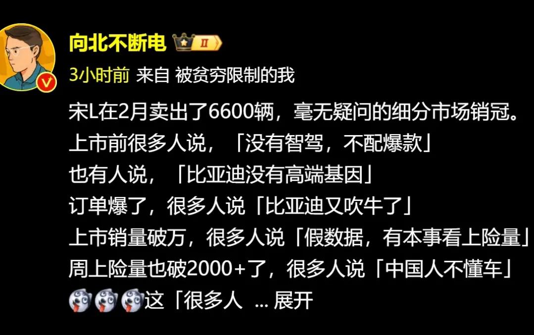 网友：根据懂车帝数据，1.29-2.25，宋L终端销量为4191，减去1月末尾两