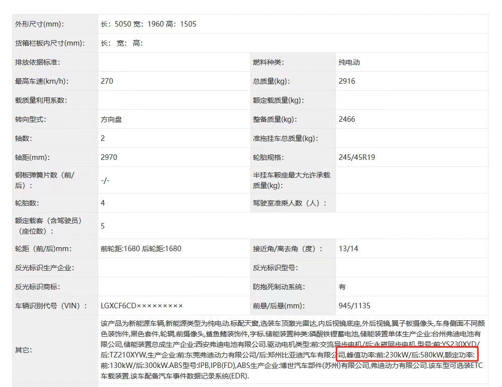 窝草了，迪子你来真的啊？汉 L 申报信息出来了，后电机额定功率 300kw，峰值