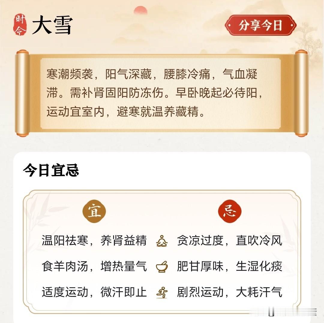 今日大雪
寒潮频袭，阳气深藏，腰膝冷痛，气血凝滞。需补肾固阳防冻伤。早卧晚起必待