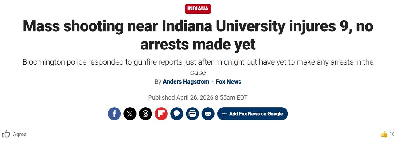 美国大学争吵升级导致大规模枪击事件，造成至少9人受伤
当地时间周日凌晨，印第安纳