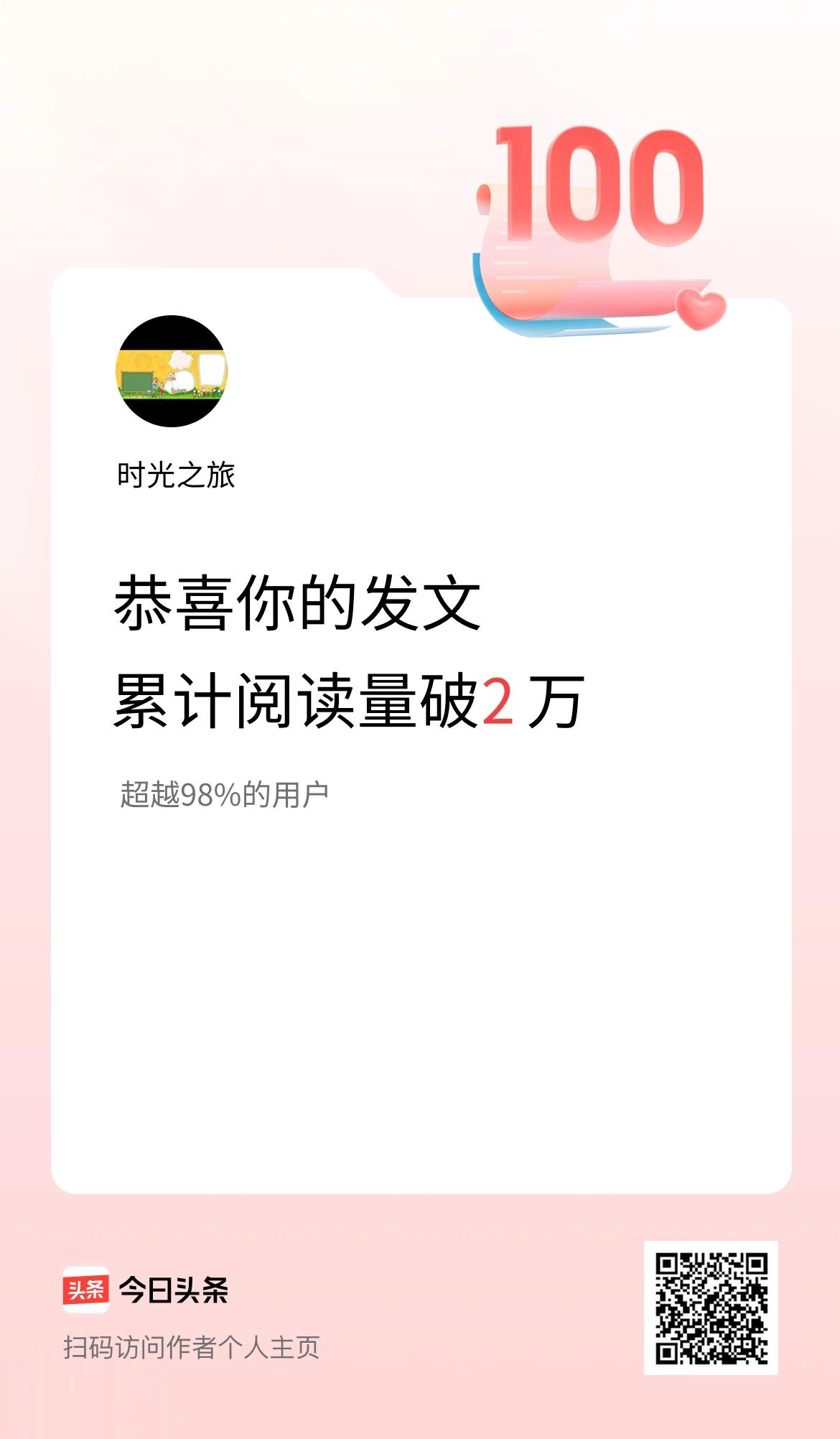 🤝我在头条累计获得阅读量破2万啦！