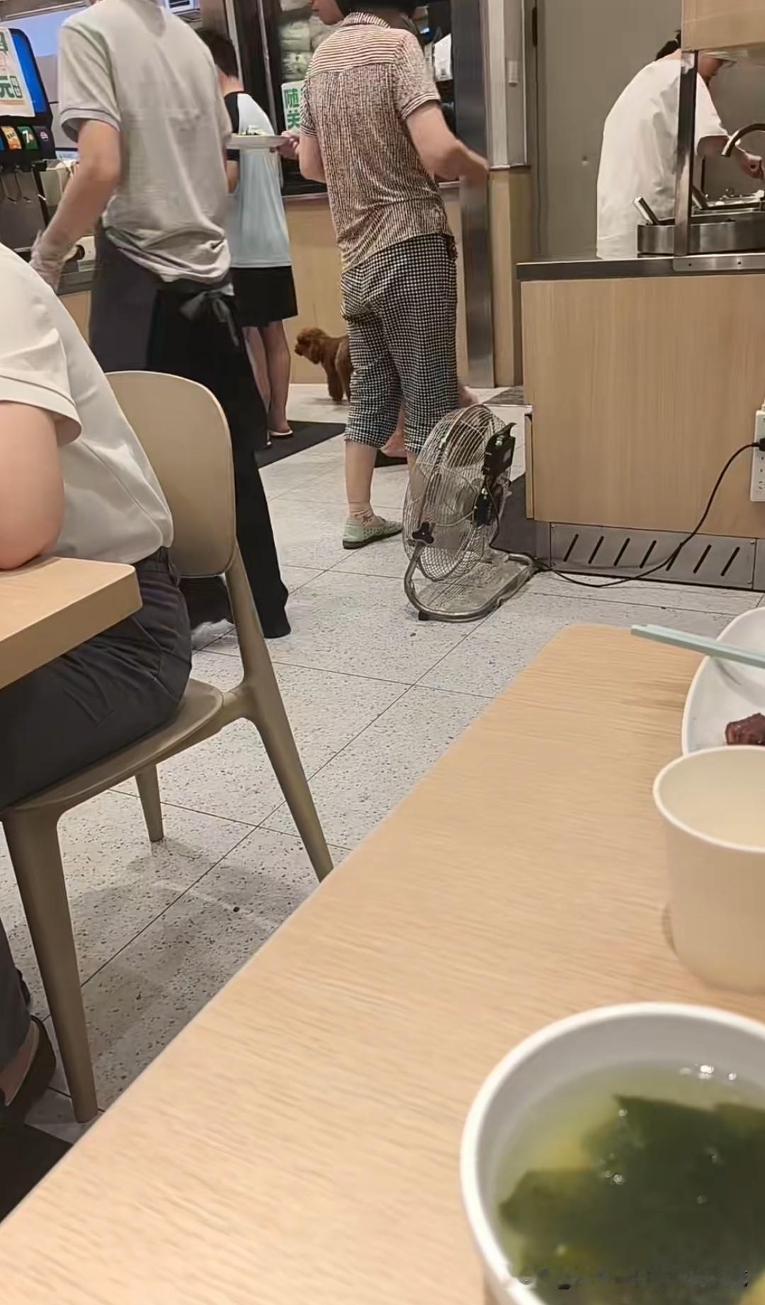 这是武汉一网友在某家中式现炒自选快餐连锁品牌拍到的，有人带狗进店，没有拴绳，让狗