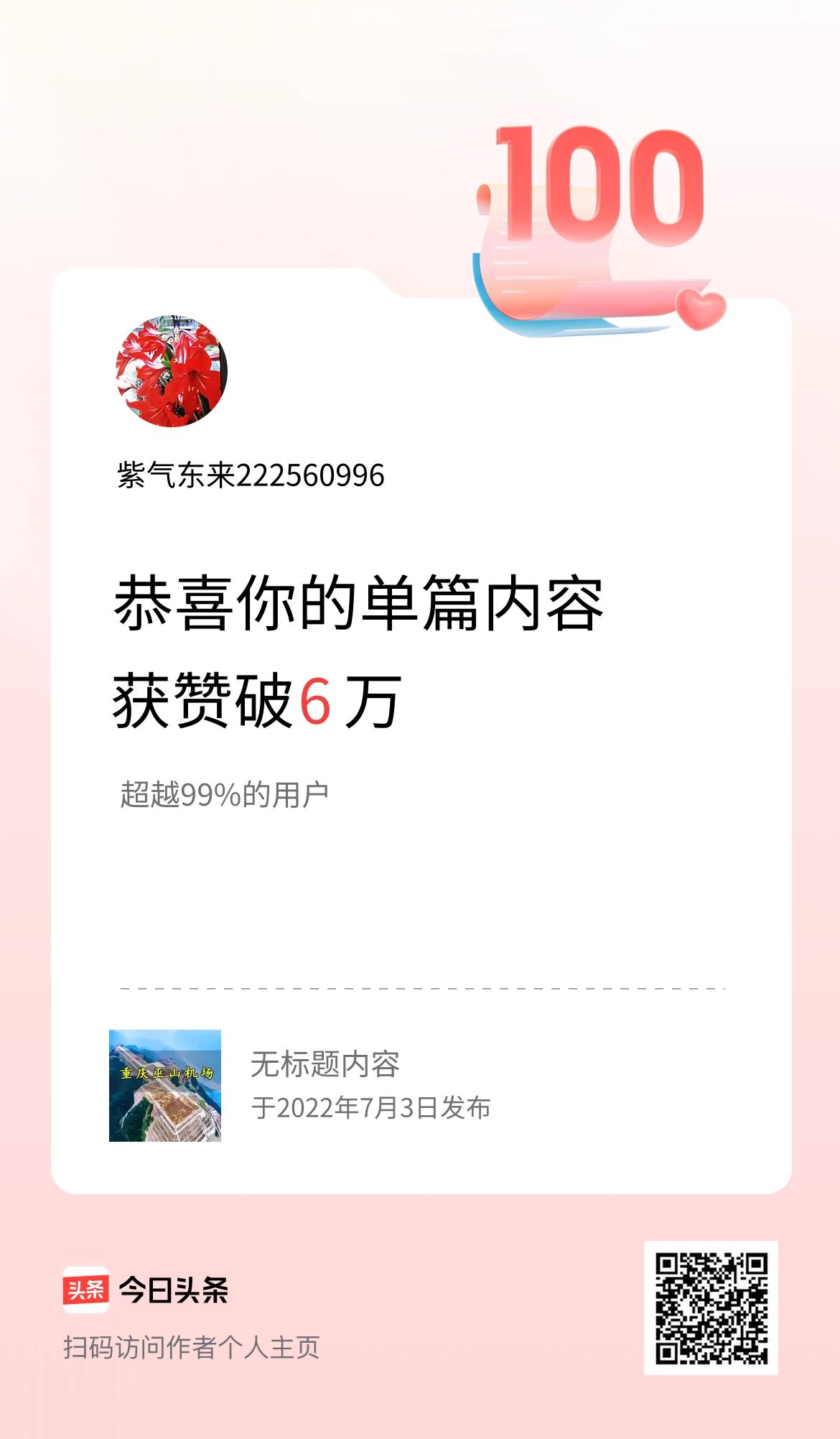 单篇内容获赞量破6万啦！