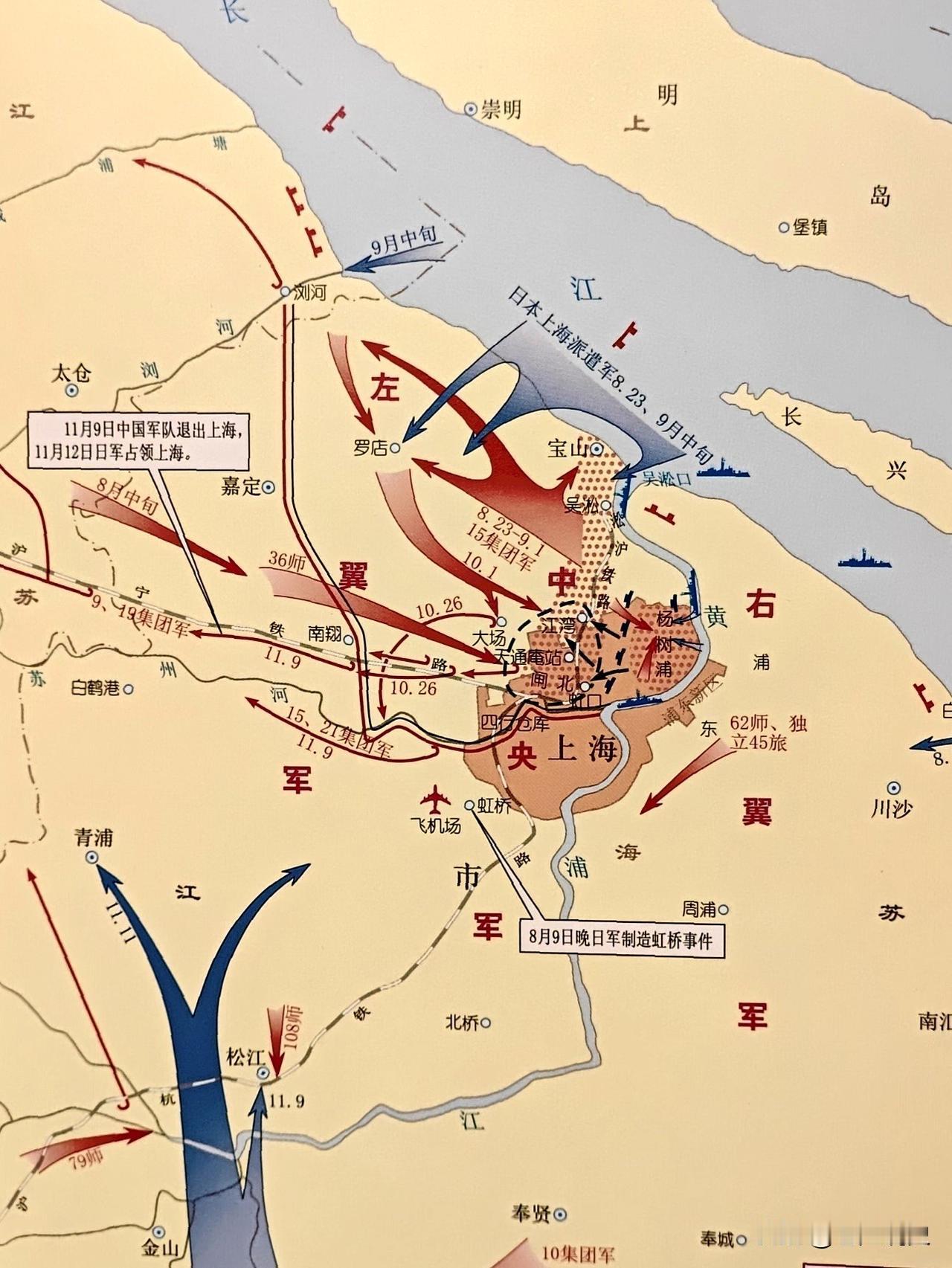 一图看懂1937年“八一三事变”及淞沪会战示意图，日军为了配合华北战场及牵制我军