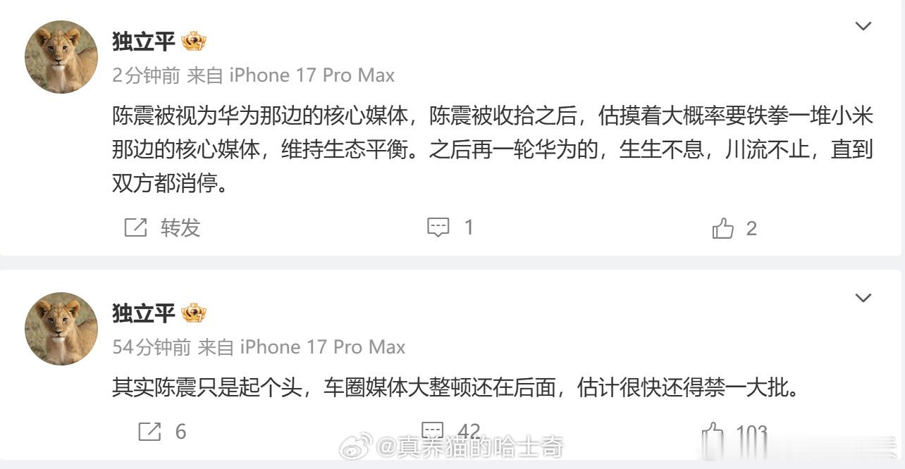 理记这钟谣棍，纯粹胡说八道，纯粹就是带华为节奏而已。陈震被禁到现在才几天？这种禁