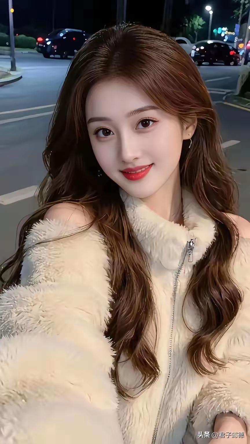 夜晚街头的温柔自拍，毛绒外套与红唇的完美搭配🌙💄🧥🌟