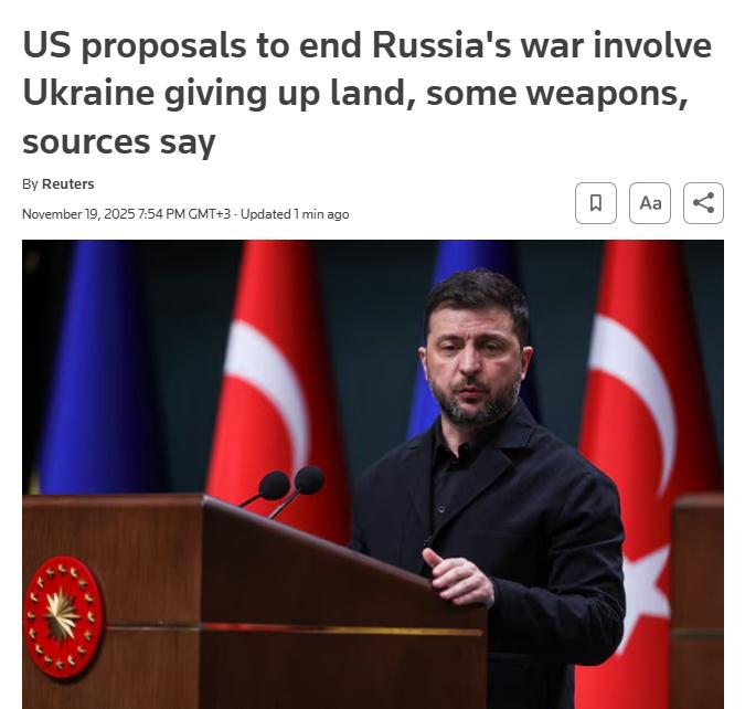 据路透社报道，美国已私下敦促泽连斯基接受一项拟议的和平框架，该框架将要求乌克兰放